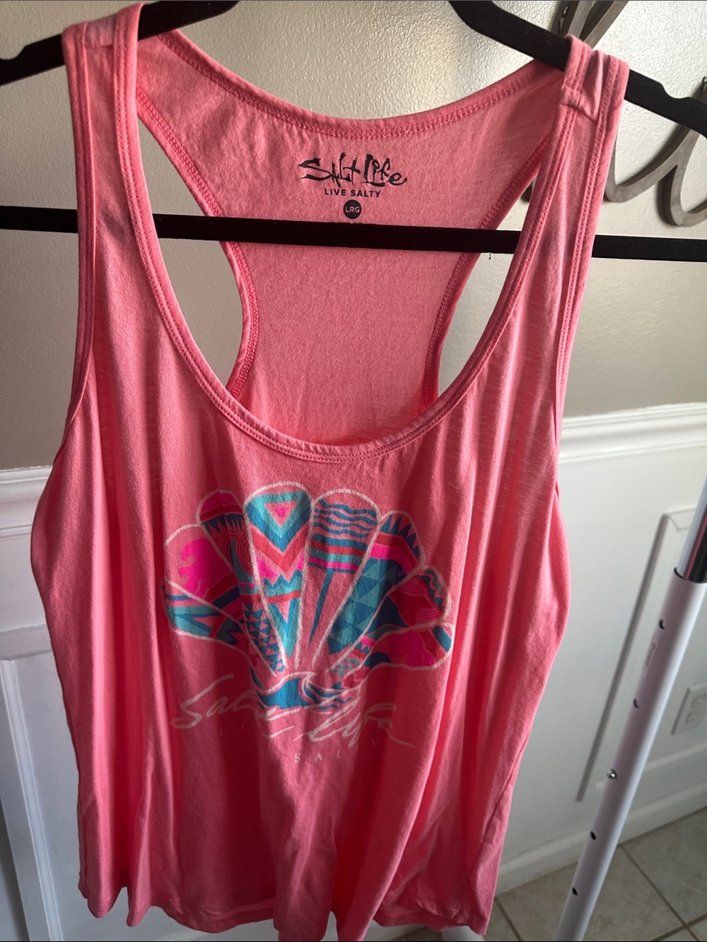 Salt Life Coral Pink Racerback Tank with Multicolor Shell Graphic